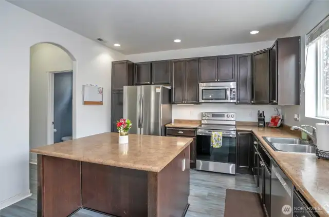 Well-appointed island kitchen with convenient access to the powder room and dining area through the charming archway.