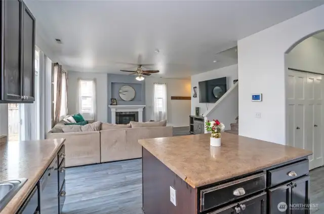The island kitchen flows effortlessly into the family room, maintaining an open and connected atmosphere perfect for everyday living and entertaining.