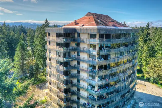 Drone photo of building.