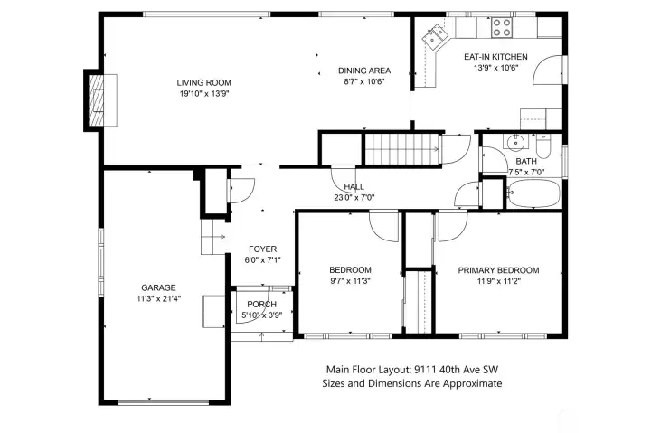 Shown here is the layout of the main floor of the home. Sizes and dimensions shown are approximate.