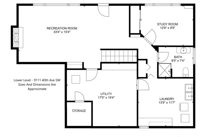 This image shows the layout of the lower level of the home. The ideal design offers many possibilities! Sizes and dimensions are approximate.