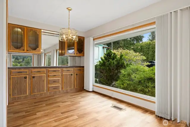Dining area with built in buffet and shelving area.