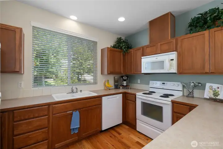 Kitchen with new dishwasher installed in July, hardwood floors and pantry.