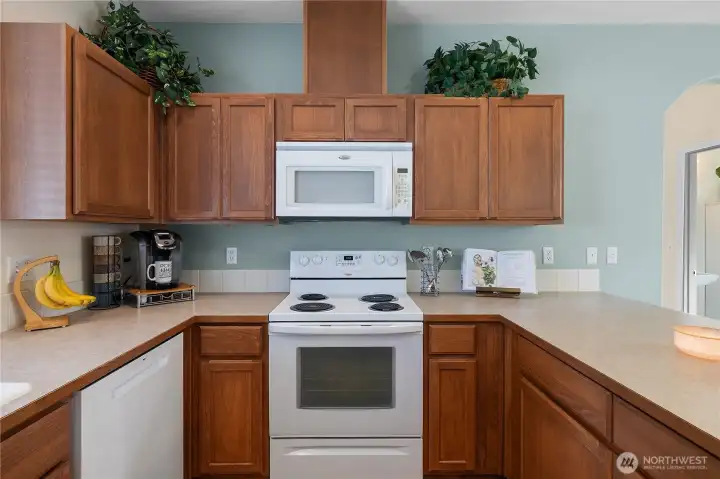 Kitchen with new dishwasher installed in July, hardwood floors and pantry.