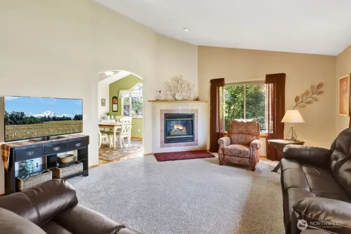 Entryway into living room with gas fireplace