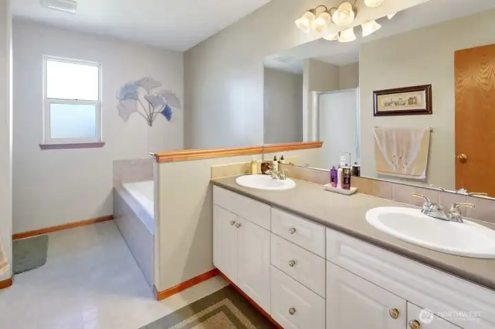 Primary bathroom with double sink vanity.