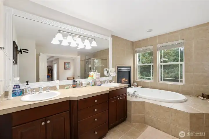 Primary 5-piece bath with a gas fireplace over the jetted tub