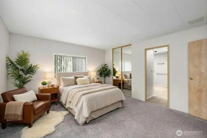 Fantastic sized primary suite lies directly off living space and away from all other bedrooms! Great-sized walk in closet and direct access to your en-suite bathroom with brand new walk in shower! Photo is virtually staged.