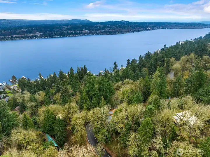 Perfectly positioned on Mercer Island, this aerial view highlights the home’s private wooded setting and beautiful outlooks across Lake Washington