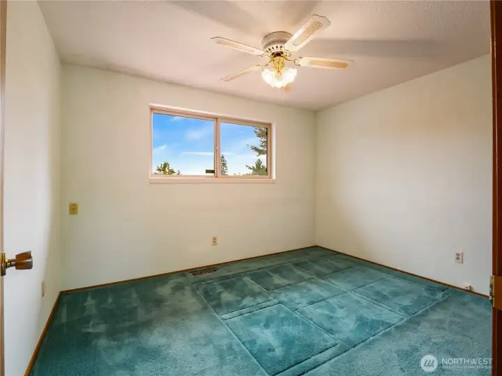 The primary bedroom has two closets and also offers those amazing mountain views plus a convenient ceiling fan. Hardwood flooring resides just below the carpeting!