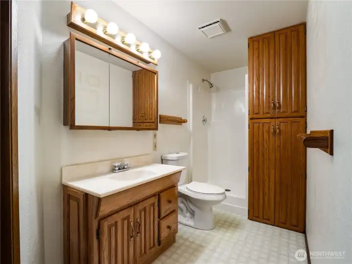 This spacious 3/4 bathroom on the lower level offers not only ample, regular storage but also additional access to a huge storage room under the stairs.