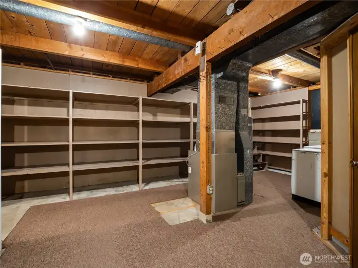 Also on the lower level, is this massive storage space with built-in shelving. The room features a kitchenette and a separate utility space. There are also stairs and man-door access direct to the garage from this room. All appliances in this space convey: Range/Oven, Stand-up Freezer, Refrigerator, Washer, and Dryer.