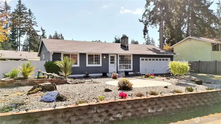 The front yard is set up for low maintenance.