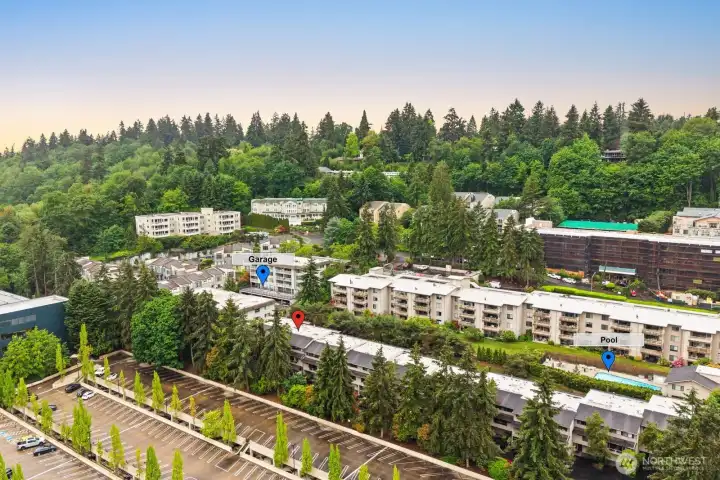 Red is the location of this Townhome.  Proximity to the over flow Parking Garage and to the Outdoor Pool