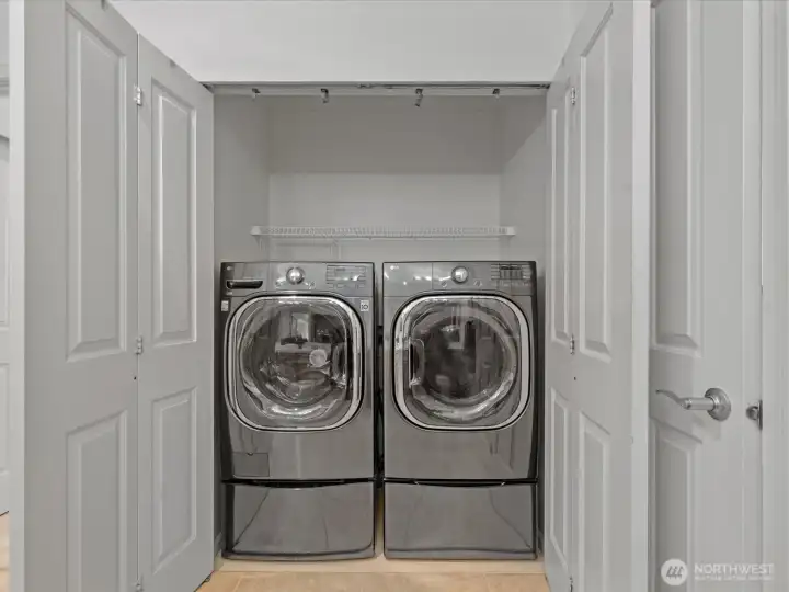 In-unit laundry with washer and dryer and dedicated closet space for everyday use. In-unit laundry with washer and dryer and dedicated closet space for everyday use.