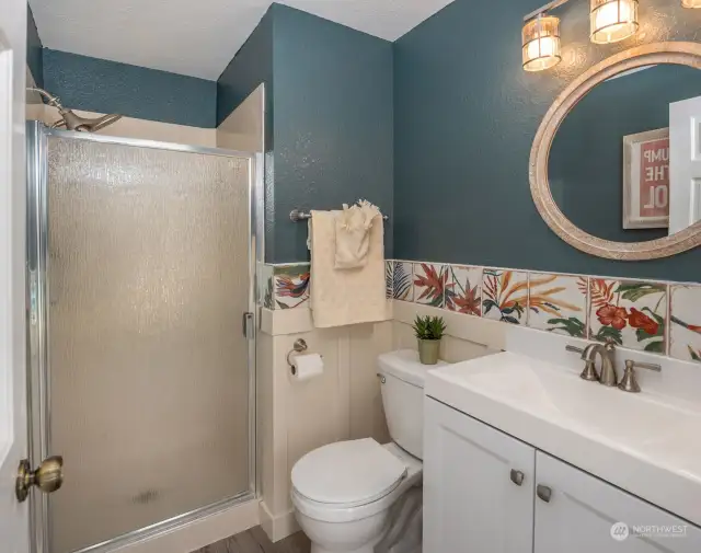 3/4 bath in laundry area, use for shower after swimming or to clean up after working in the garden
