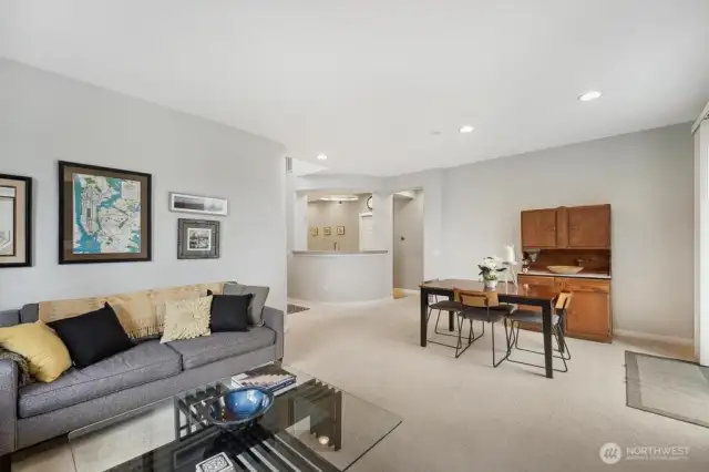 Open flowing floor plan with feature curved pass through to the kitchen. Light filled entry with skylight