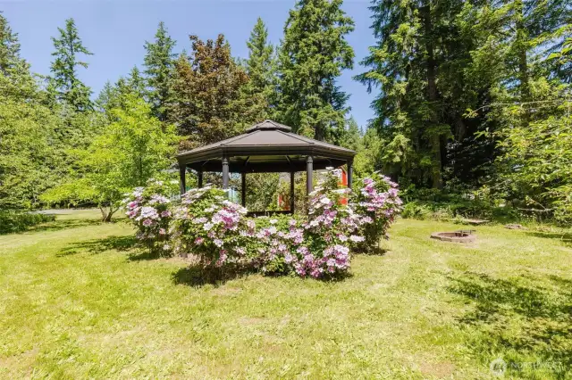 Gazebo surrounded by beautiful clematis vines that bloom year after year
