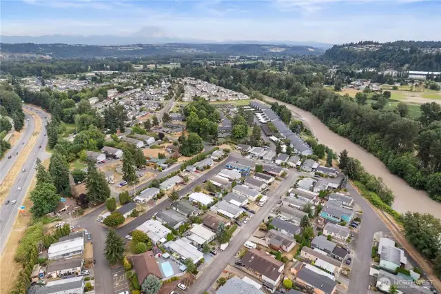 Here is aerial view of park homes with Mount Rainier to the east and minutes to all freeways