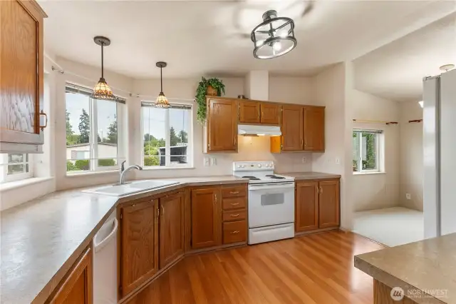 Check out this beautiful large kitchen with new lighting,laminate flooring,lots of cabinets for storage,vaulted ceilings and lots of counter top space