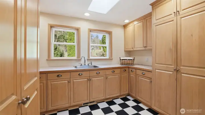 Pull out drawers, a built-in ironing board, sink, and so much storage