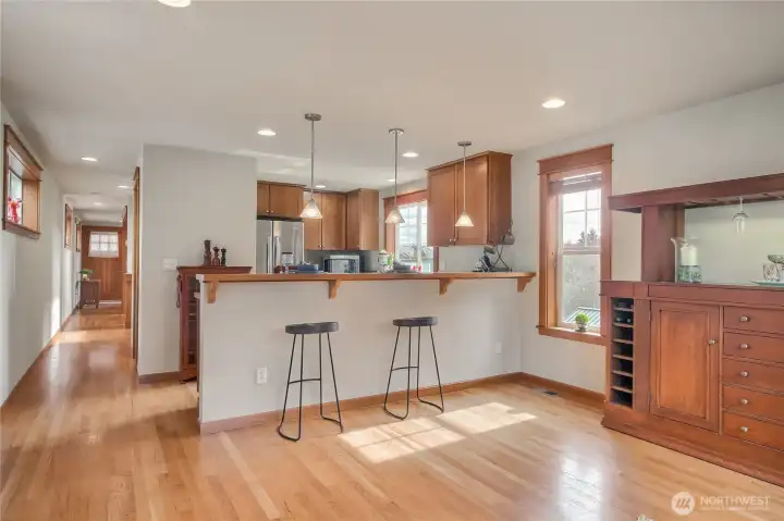 The kitchen area also offers bar seating.