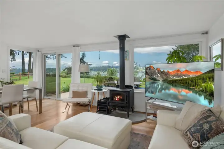 Main house living room with cozy woodstove