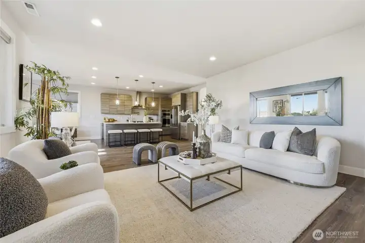 A view of the kitchen from the living room.