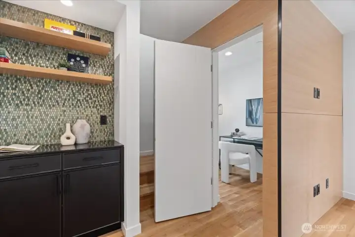 Cleverly concealed office on the main floor. Photo of model unit, 4118. Finishes may vary, buyer to verify.