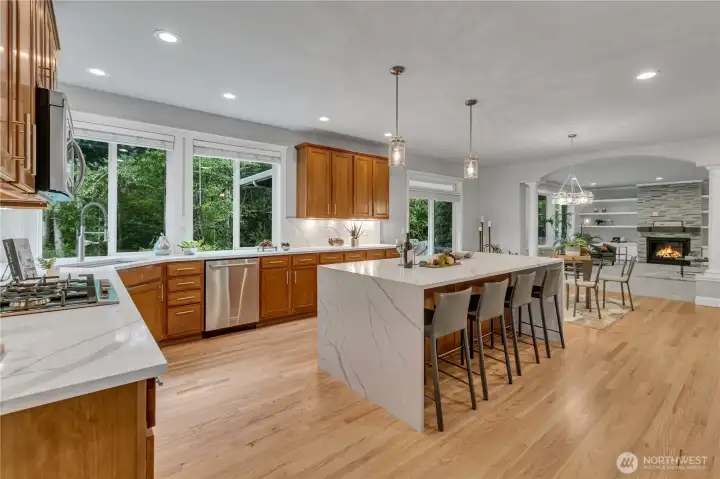 Stunning Kitchen with Slab Quartz on All Surfaces and Refinished Hardwoods
