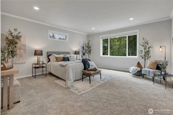 Oversized Primary Bedroom Overlooking the Private Greenbelt; Private 5-Pc Ensuite to the Right