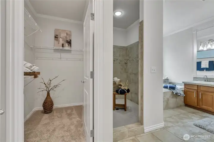 Smaller of Two Walk-In Closets in the Primary; Dual-Headed Walk-In Shower to the Right