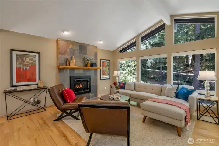 Living room with vaulted ceiling and wall of windows