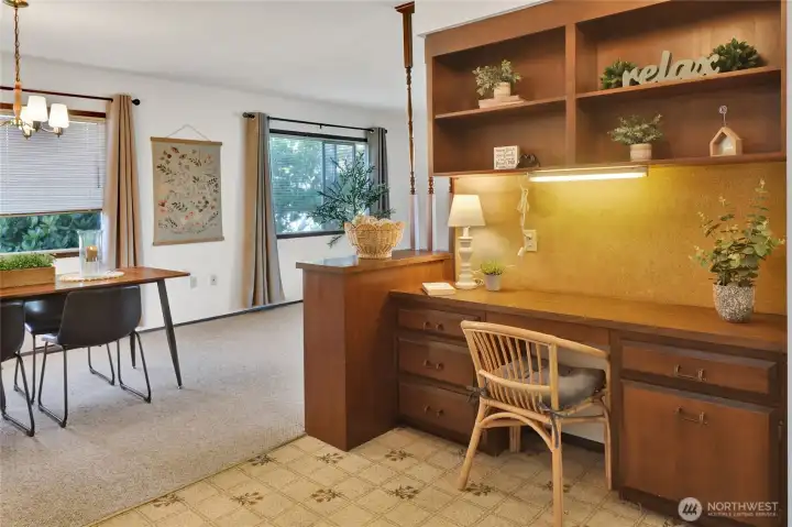 Built in desk with lots of storage and display space. Built in desk with lots of storage and display space.