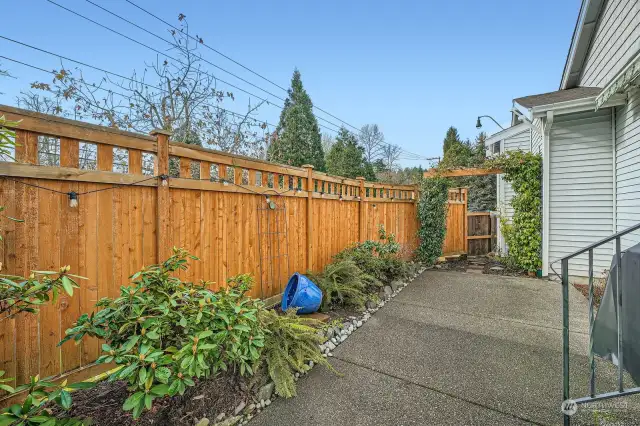 side yard off of kitchen has a plumbed in BBQ grill and flows to private backyard area