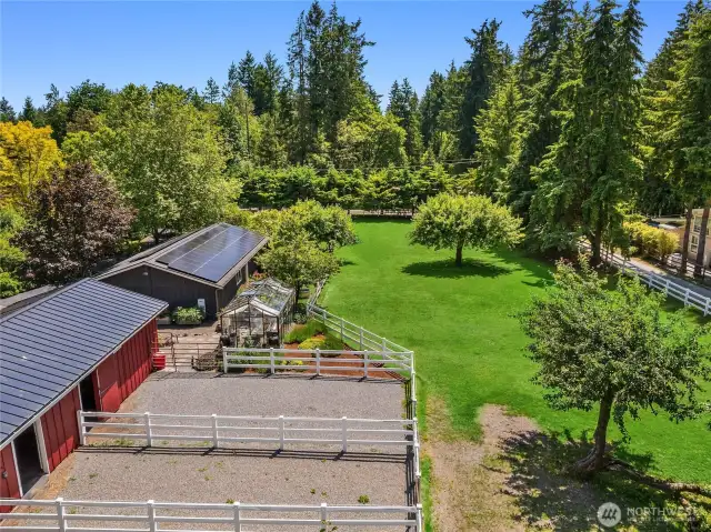 An aerial view of the west pasture and paddocks.