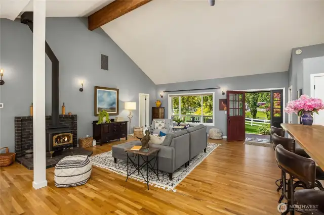 Soaring ceilings in the great room create an open and airy feel.
