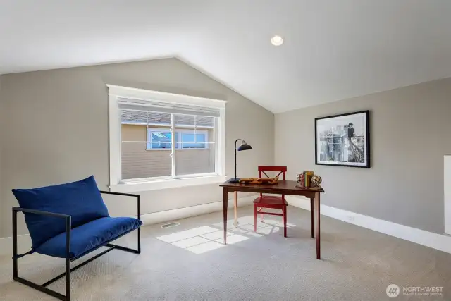 Fifth bedroom on the third floor. Staged as the second office. This room has a closet.