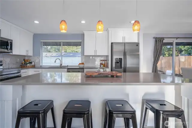 The large island is ideal for meal prep or entertaining.