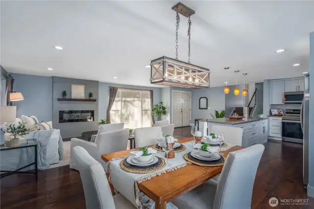 The dining room flows seamlessly into adjoining spaces.