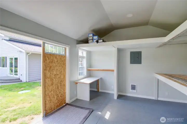 Inside newer outbuilding with so many options.  The new She Shed, The Office, The Classroom, A1 Storage, hobby ideas!