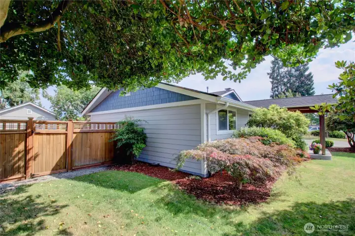 Front side yard and access to backyard behind fence.