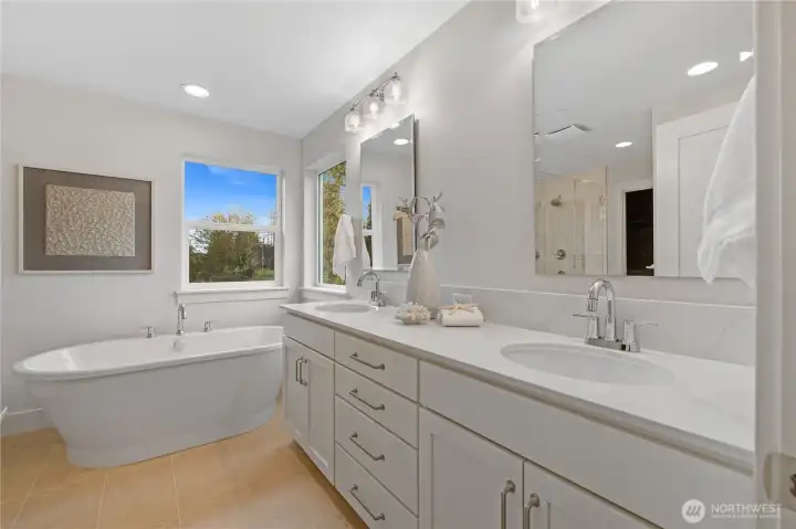 Luxurious primary, spa inspired bath.