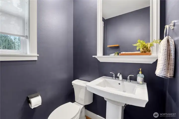 The powder room makes a bold statement in its original navy blue, beautifully contrasted by crisp white fixtures.