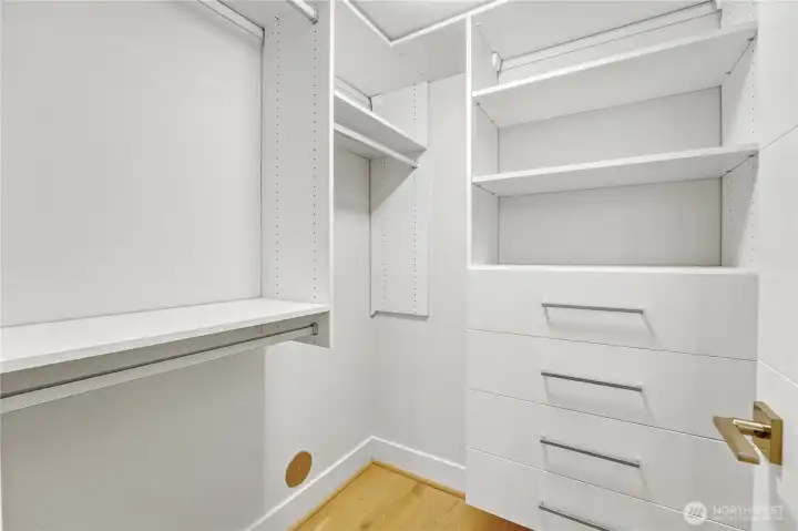 Generous shelving, hanging space, and thoughtful compartments make it easy to keep everything beautifully arranged.