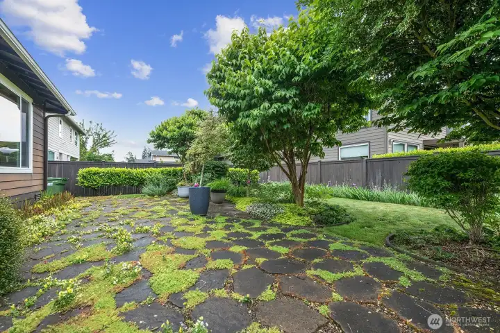 Here is a better view showing how the ground cover is filling in the spaces between the pavers. The trees are inpace for privacy and shade for those hot summer days.
