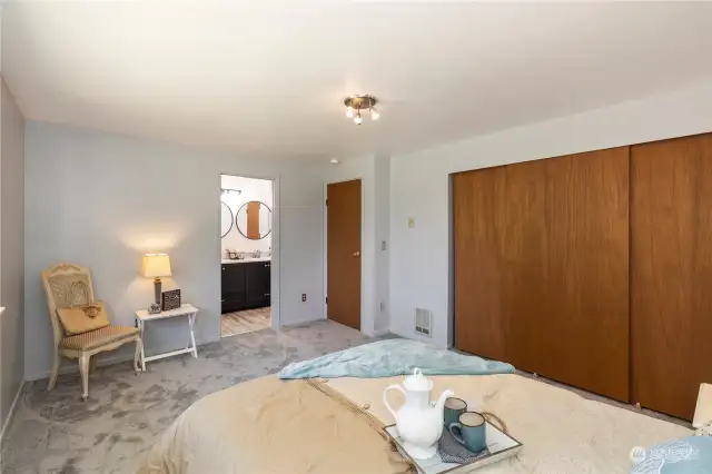 Primary bedroom with newer carpeting, modern light fixtures and generous size closet space, adjoins the main bath with easy access.