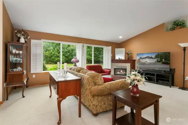 View of great room with plantation shutters