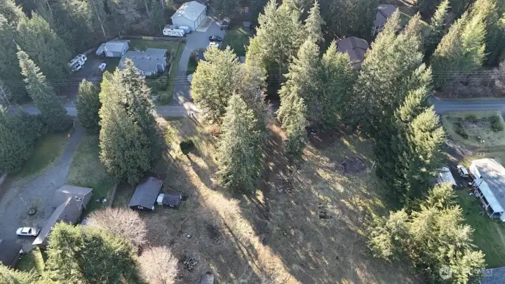 Looking at Prine Drive road.... Small structure with side structure, is on the property. Property is mostly the clear grassy area, left-to-right.