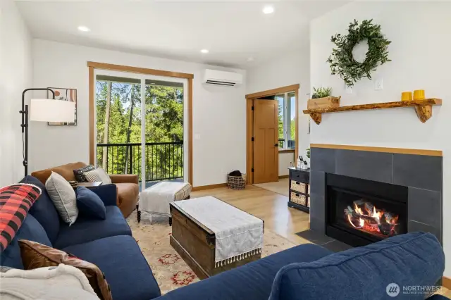 Living room with gas fireplace and slider to upper deck.